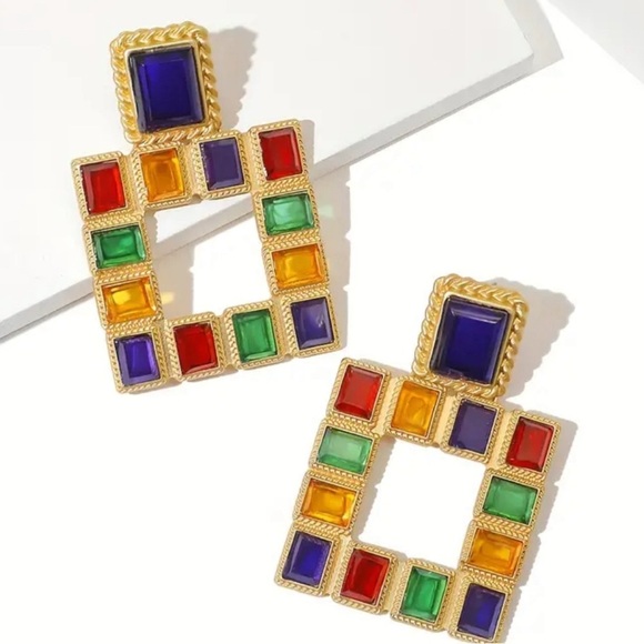 Zara Multicolored Square Gem Drop Earrings - Picture 7 of 15